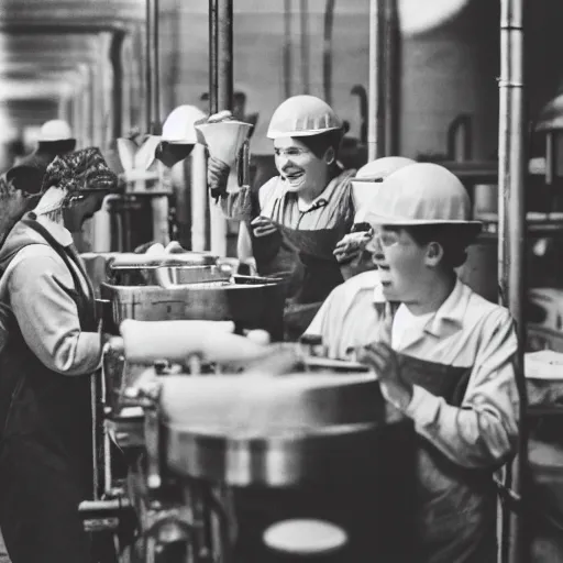 Prompt: factory workers enjoying an ice cream during work, dark, factory, grey tone, old photo grain