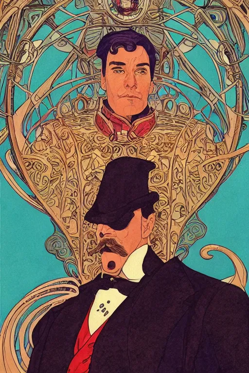 Prompt: zoomed out portrait of a duke, victorian era, art deco style, stylized illustration by moebius and juan gimenez, watercolor gouache detailed paintings in style of syd mead, ridley scott, metabaron, mucha, ghibli studio and disney vibe, vivid colorful comics style, clean line, diesel punk, artstation