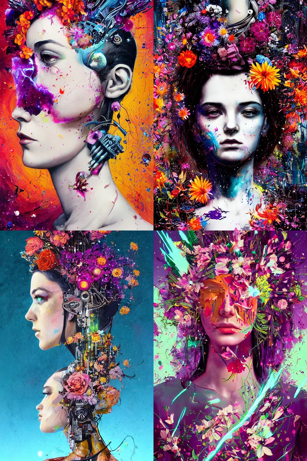 Prompt: full body pose, android with flowers exploding out of head,by tristan eaton,Stanley Artgermm,Tom Bagshaw,Greg Rutkowski,Carne Griffiths,trending on DeviantArt,face enhance,chillwave,minimalist,cybernetic, android, blade runner,full of colour,by Ilya kuvshinov, Hicham Habchi, Very highly detailed 8K, Digital painting