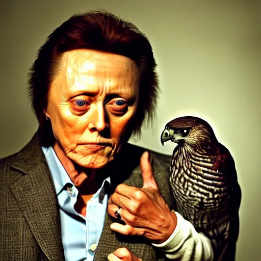 Prompt: christopher walken with a falcon on his arm, hyper realism, 5 0 mm, photo