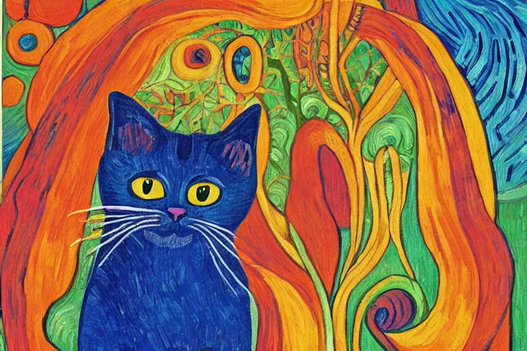 Image similar to beautiful art illustration of cat by laurel burch and van gogh, oil painting, highly detailed