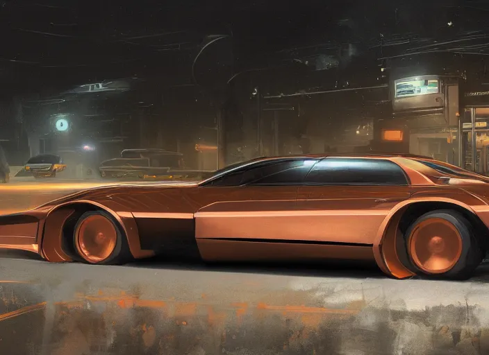 Image similar to wide view shot of a copper colored car, designed by dmc and gmc, concept art style by john berky and liam wong and michael whelan.