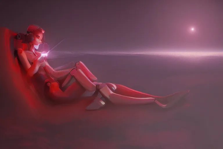 Image similar to a beautiful girl robot sitting on mars relaxing, red lighting, mist, digital art,