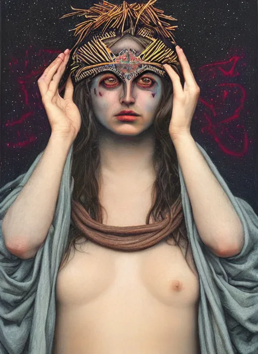 Image similar to acid tripping cult magic psychic woman, third eye, occult ritual, dark witch headdress, oil painting, robe, symmetrical face, greek dark myth, by John William Godward, Sean yoro, Anna Dittman, masterpiece