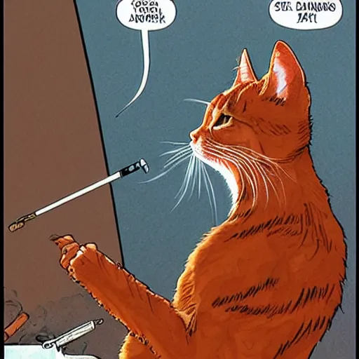 Image similar to a red tabby cat smoking a cigarette, drawn by Moebius