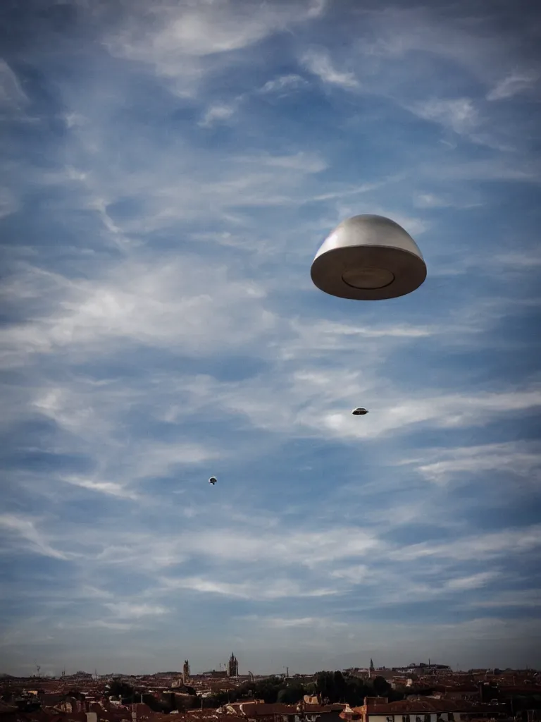 Prompt: ufo flying in the sky in toulouse, blue sky, motion blur, eerie, realtistic
