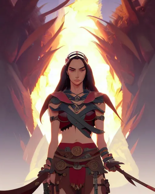 Image similar to azctec warrior, megan fox, detailed perfect face, exquisite details, fire magic, mid view, design on a white background, by studio muti, greg rutkowski makoto shinkai takashi takeuchi studio ghibli