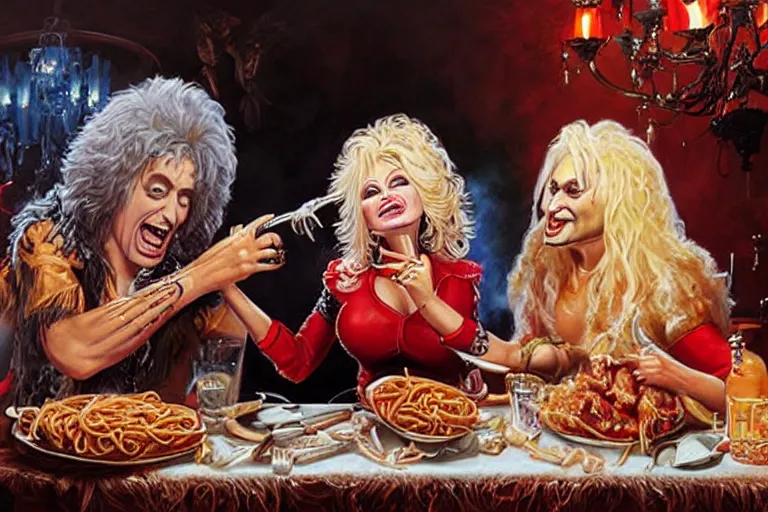 Image similar to dolly parton having a spaghetti dinner with gene simmons in kiss makeup, an oil painting by ross tran and thomas kincade