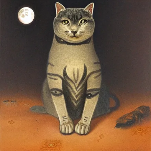 Image similar to the illuminated mystic dark cat, softly lit from behind like a Catholic saint portrait, full moon night, in the desert. Portrait by Paul Bonner, oil on canvas