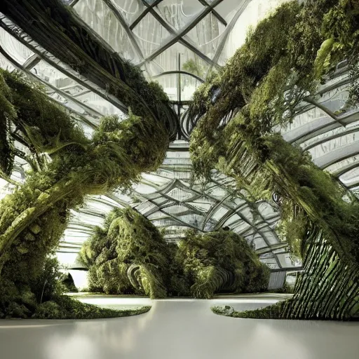 Image similar to a dream about opulent, abandoned overgrown futuristic base on Mars designed by Zaha Hadid, lush plants growing through the glossy floors and walls, walls are covered with moss and vines, beautiful, dusty, golden volumetric light shines through, golden rays fill the space with warmth, rich with epic details, dreamy atmosphere and drama