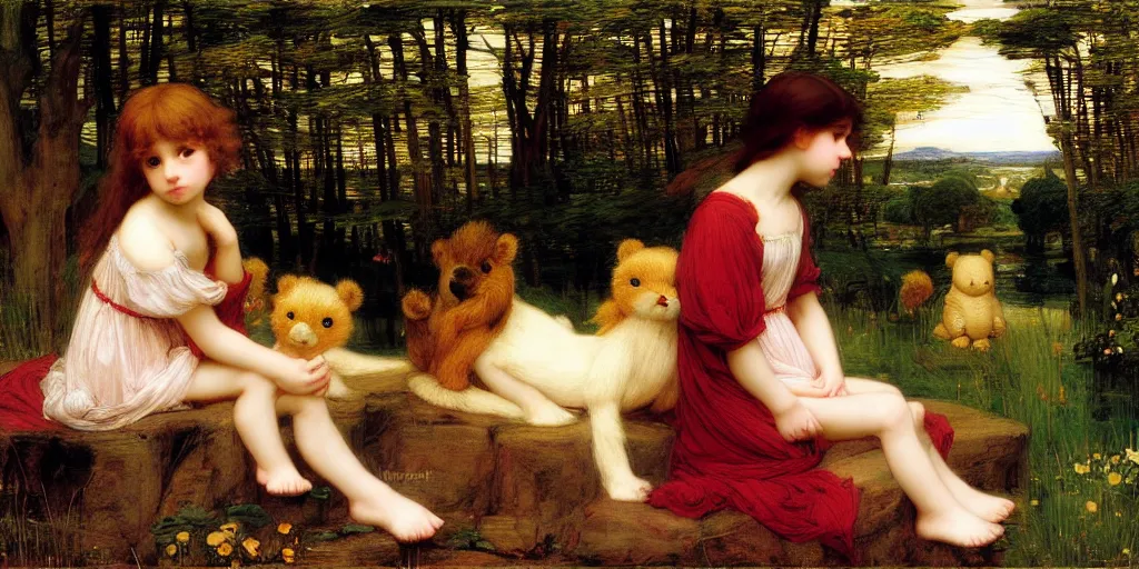 Image similar to 3 d precious moments plush animal, night, master painter and art style of john william waterhouse and caspar david friedrich and philipp otto runge