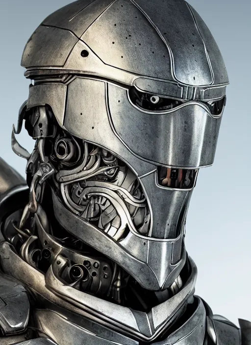 Image similar to portrait of a futuristic silver armored knight district 9 cyborg, in the style of the movie annihilation, modern fine art, fractal, intricate, elegant, highly detailed, digital photography, subsurface scattering, by jheronimus bosch and greg rutkowski,