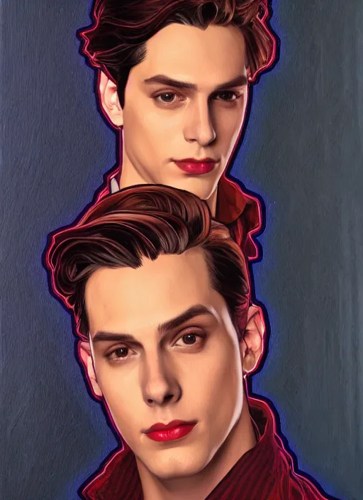 Prompt: oil portrait of jughead jones with cheryl blossom, intricate, elegant, highly detailed, lighting, painting, artstation, smooth, illustration, art by greg rutowski and alphonse mucha