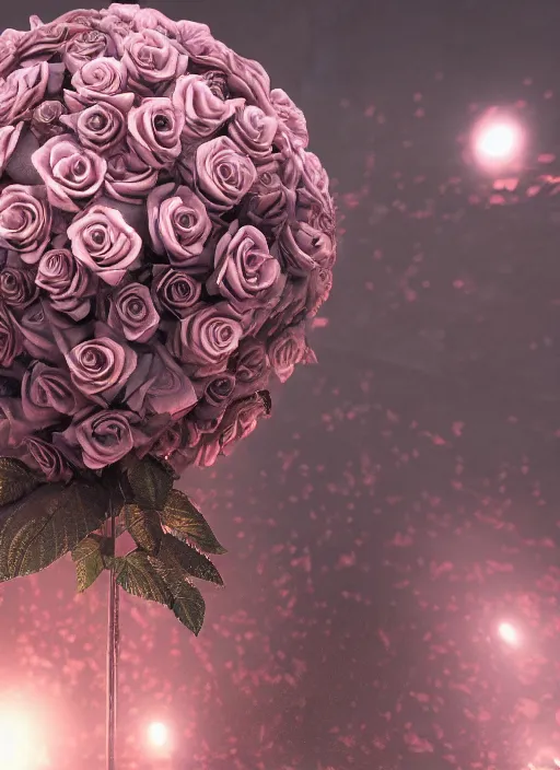 Image similar to exploding grenade of roses, ultra realist and ultra intricate detailed, sensual gloomy style, volumetric lighting, artstation, unreal render, depth of field