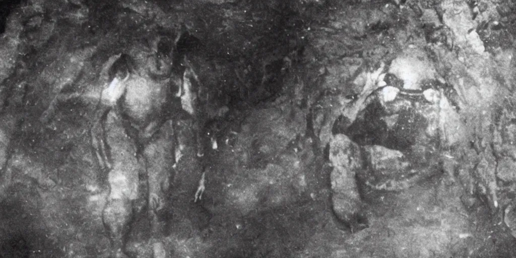 Prompt: explorers discover horrifying monster in cave, 1 9 0 0 s photograph