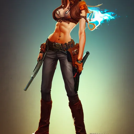 Image similar to full body, female cowgirl, perfect face, long rifle, 8 k, magic the gathering, d & d, artstation