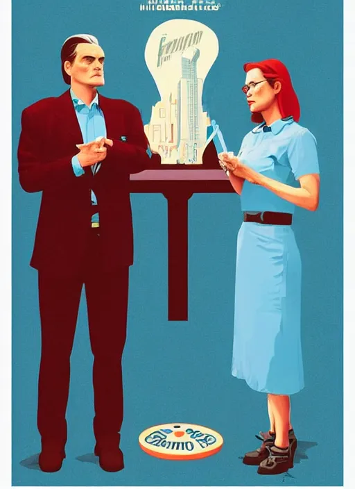 Image similar to Twin Peaks art, of Michael Shannon dressed as mechanic talking to Jennifer Connelly wearing light blue diner waitress dress, poster artwork by Sam Weber, Laurent Durieux, Katherine Lam from scene from Twin Peaks, from scene from Twin Peaks, clean, New Yorker magazine cover