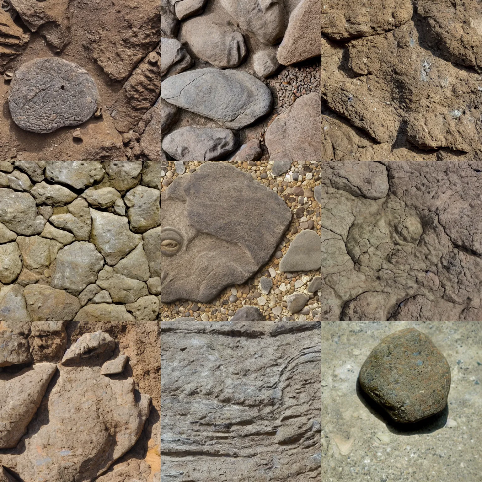 Prompt: Fossil of Yoda, brownish old fossil remnant, among other rock fossils and many small rocks, rugged surface