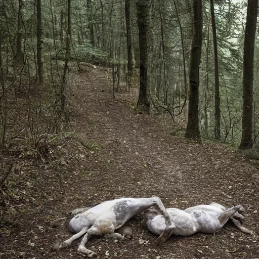 Image similar to two dead horses with some arrows on their body, lying on the woods path, dense thickets on each side, photo, 8 k