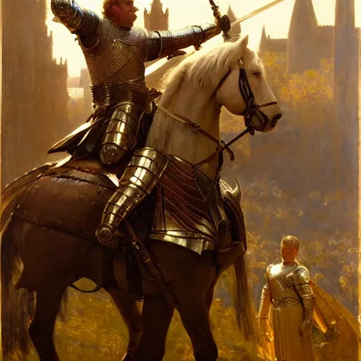 Image similar to attractive arthur pendragon and his attractive male knight, in camelot. highly detailed painting by gaston bussiere, j. c. leyendecker, greg rutkowski, craig mullins 8 k