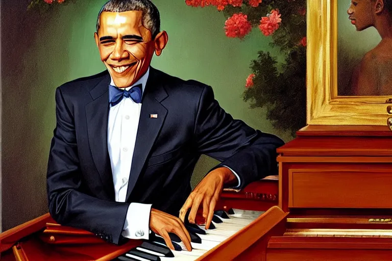 Image similar to a portrait Barack obama wearing an american flag tuxedo suit and playing the piano by normal rockwell