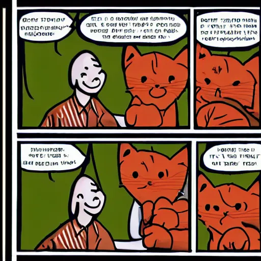 Image similar to A 3 panel comic strip featuring a human male and a striped orange cat