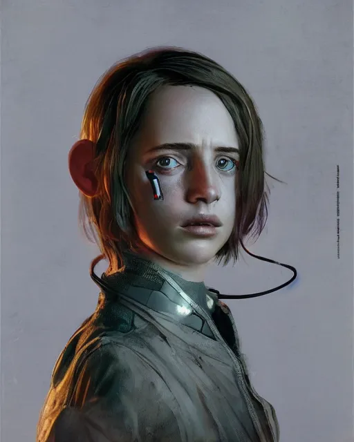 Prompt: maya hawke as cyberpunk agent, scifi character portrait by greg rutkowski, esuthio, craig mullins, 1 / 4 headshot, cinematic lighting, dystopian scifi gear, gloomy, profile picture, mechanical, half robot, implants, steampunk