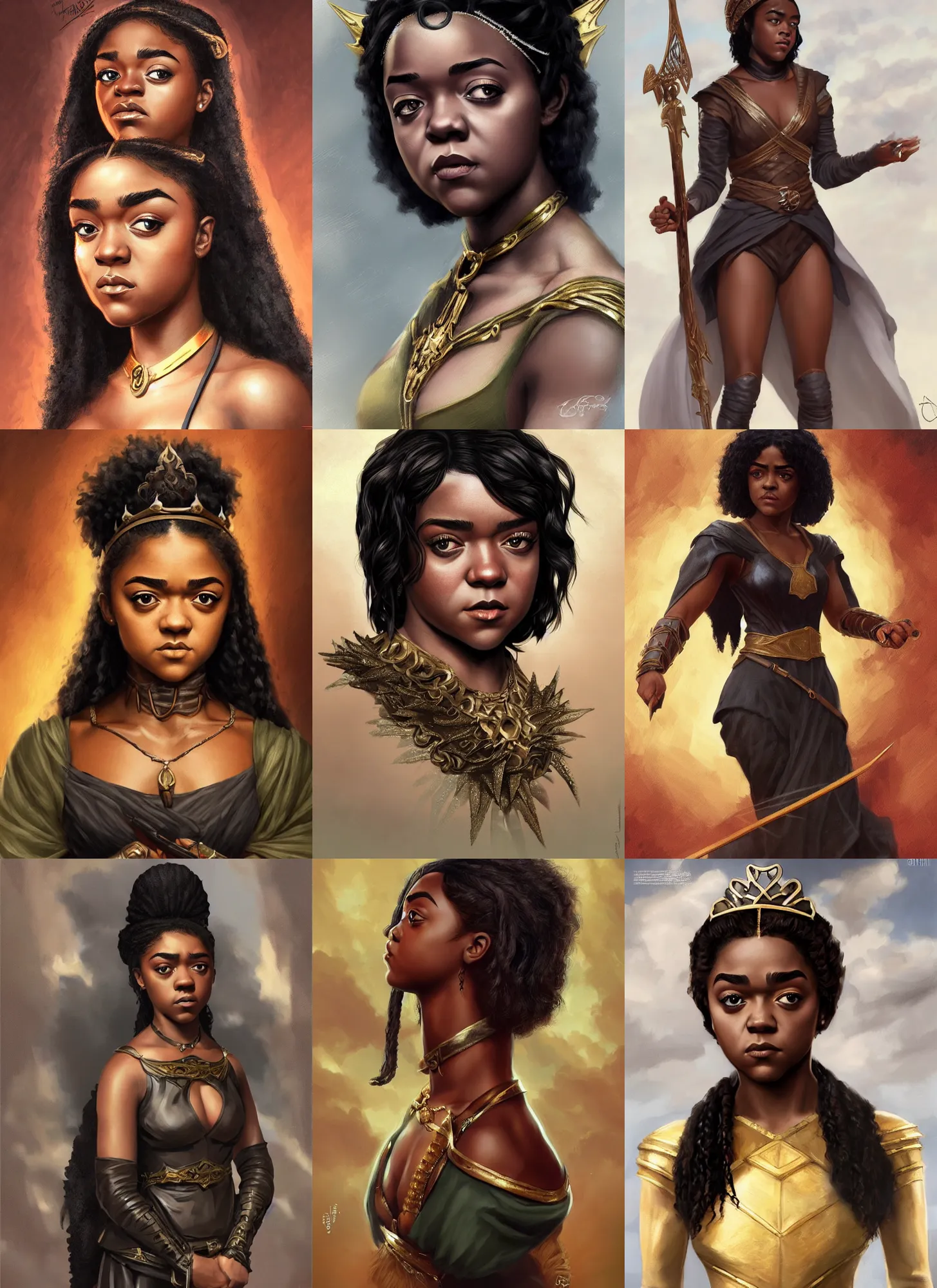 Prompt: black maisie williams as nigerian queen, olive skin, long dark hair, intricate, elegant, marvel comics, highly detailed, artstation, briclot, bouguereau, rutkoswki