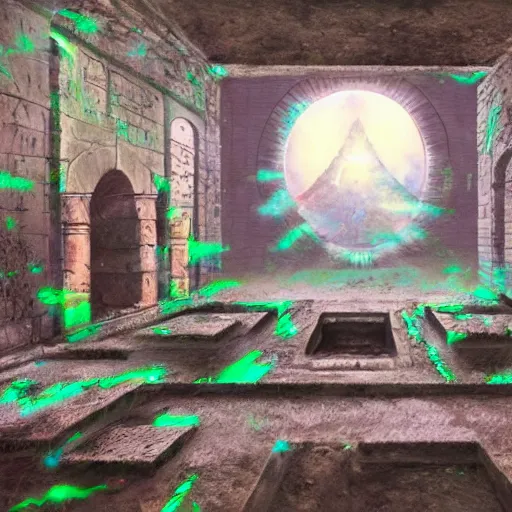 Prompt: a portal in the floor, ancient ruins, epic retrowave art, trending on art station