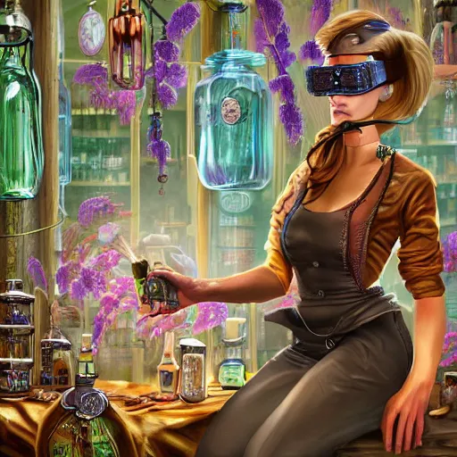 Image similar to a beautiful stunning interesting photorealistic digital illustration of a woman wearing steampunk safety goggles while mixing potions, in a potion shoppe, colorful bottles and plants, awesome and moody afrofuturism by marc poole and tyler edlin