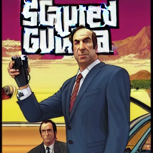 Prompt: Saul Goodman in GTA V, cover art by Stephen Bliss,