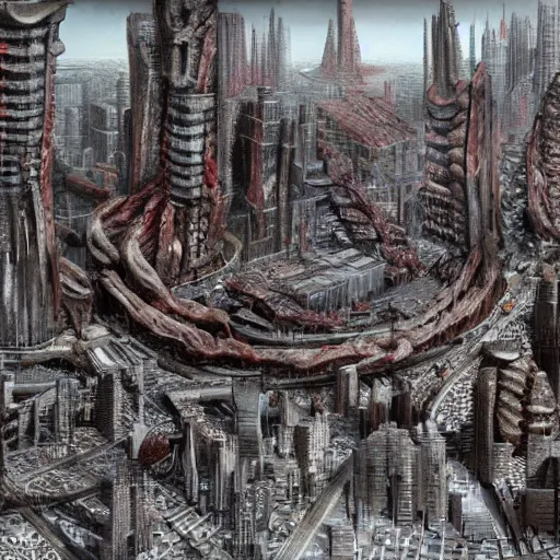 Prompt: a city made of meat, concept art by giger, cgsociety, assemblage, greeble, grotesque