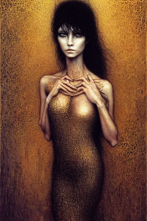 Prompt: portrait of tomboy, black short hairs, in golden dress, fantasy, intricate, jean delville, luis royo, beksinski