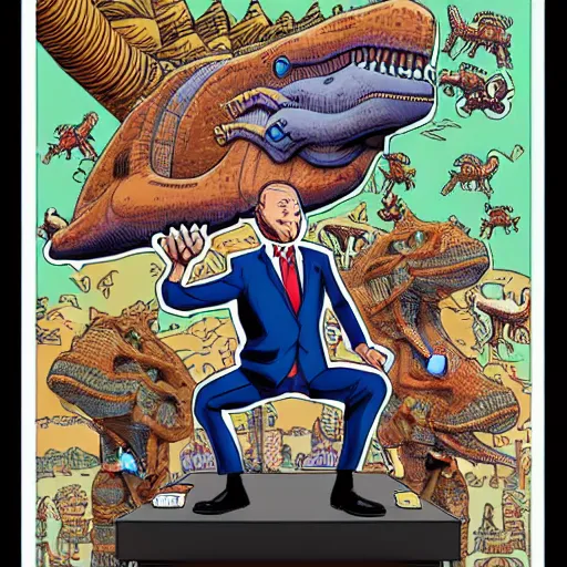 Image similar to detailed intricate colour illustration of businessmen in suits throwing up gang signs at a mecha dinosaur, in the style of Geof Darrow