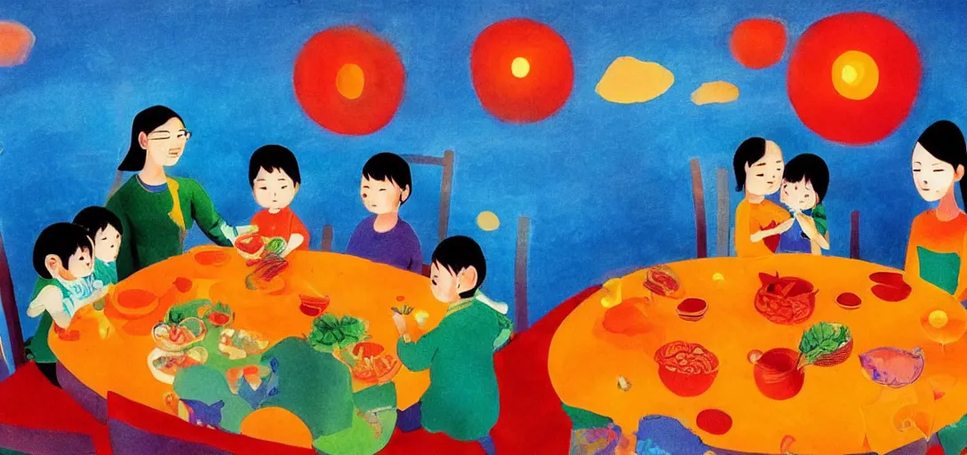 Prompt: a young asian family sitting at dining room, the table is full of food, animal figurine placing around family, garden behind the glasses, colorful sky daylight, the sky is on fire. by eric carle