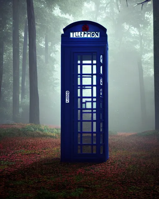 Prompt: bill and ted phone booth in the woods, hyper realism, cinematic, volumetric lighting, octane render, unreal engine, 8 k, concept art, digital art, deviantart artstation,