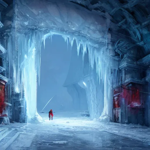 Image similar to a gigantic door graved in ice in a cold ice snow environment, ultrafine highly detailed hyper colorful illustration, sharp focus, rozalski, craig mullins, federico pelat, unreal engine highly rendered, global illumination, radiant light, intricate and detailed environment