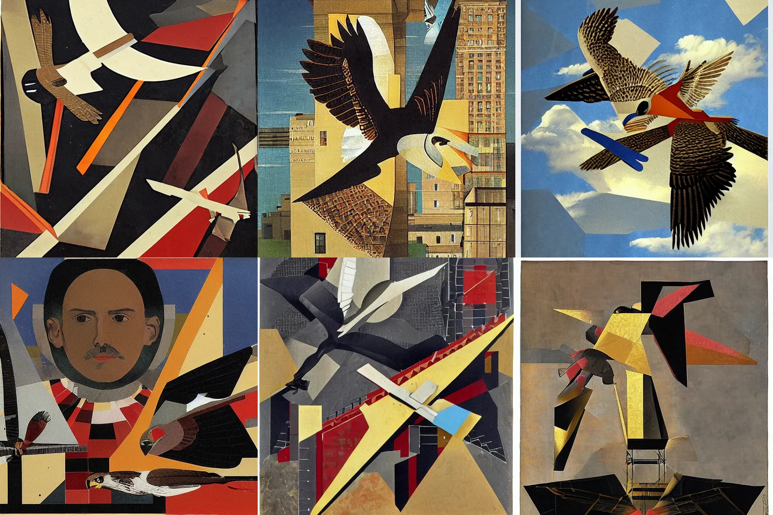 Prompt: the falcon flies, constructivist collage by diego velazquez