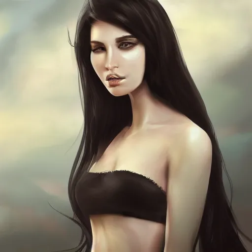 Image similar to A portrait of an attractive young female with beautiful long black hair, wind blowing and hair flowing , intricate, highly detailed, elegant, digital painting, trending on artstation