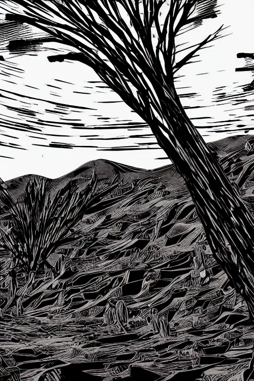 Prompt: art by brian reedy, a beautiful black ink linocut print of a desert with a few dead trees here and there, 8 k, frostbite 3 engine, cryengine, dof, trending on artstation, digital art, crepuscular ray