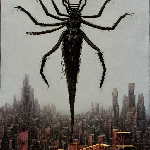 Image similar to horrific giant spider morphed with a wolf, perched on giant web spread across buildings, highly detailed beksinski and hr giger art