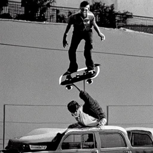 Prompt: tony hawk skateboards in alfred hitchcock's the birds, film scene