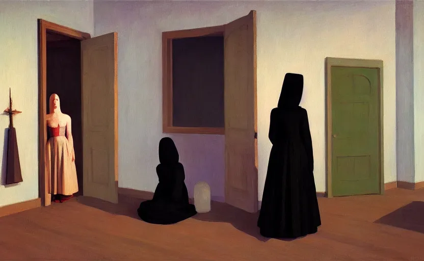 Prompt: inside a room with a guillotine womens praying wearin black dress, very coherent, painted by Edward Hopper, Wayne Barlowe, painted by James Gilleard, airbrush, art by JamesJean