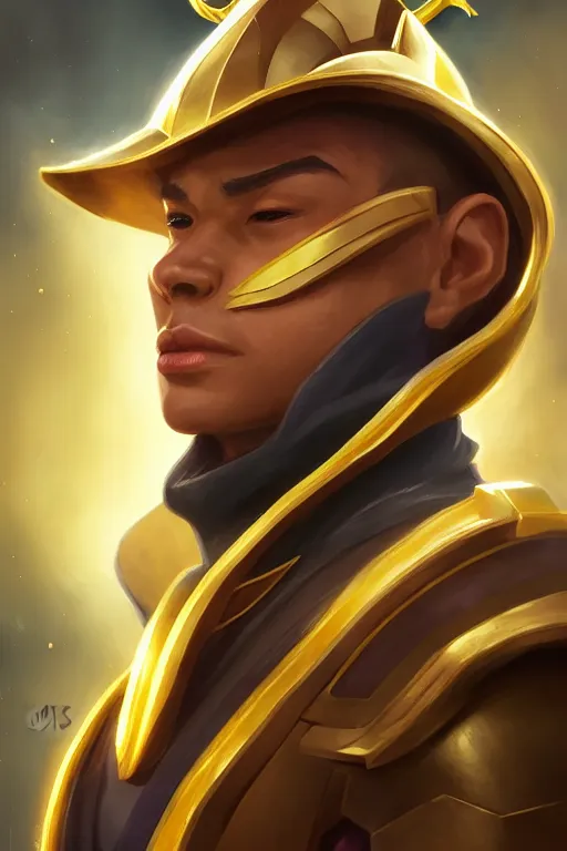 Image similar to portrait of gold ranger, sharp focus, artstation, trending, by julie dillon, luis melo, tyler miles lockett, lei jin, hong lei, ken wong, adam narozanski, joy ang