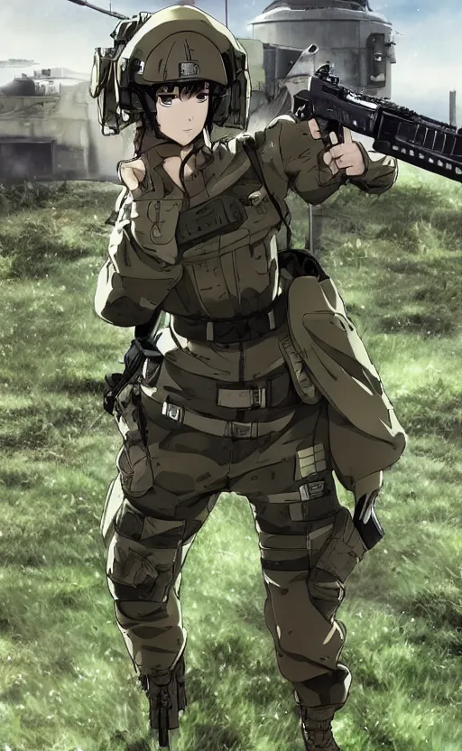 Prompt: girl, trading card front, future soldier clothing, future combat gear, realistic anatomy, war photo, professional, by ufotable anime studio, green screen, volumetric lights, stunning, military camp in the background, metal hard surfaces, generate realistic face, naruto eyes, strafing attack plane