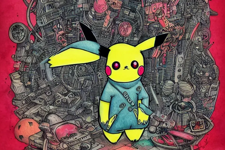 Image similar to a drawing of cyberpunk pikachu by Joe Fenton, with a little watercolor wash