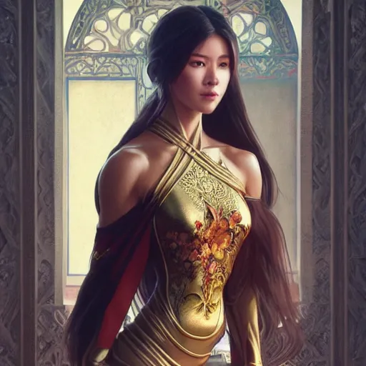 Image similar to muscular woman wearing ao dai, ultra realistic, concept art, intricate details, highly detailed, photorealistic, octane render, 8 k, unreal engine. art by artgerm and greg rutkowski and alphonse mucha