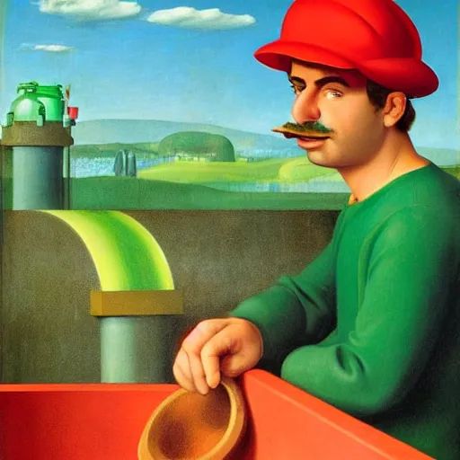 Image similar to an italian plumber with a red hat emerges from a green city pipe by Raphael, Hopper, and Rene Magritte. detailed, romantic, enchanting, trending on artstation.