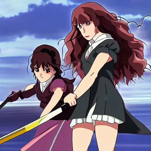 Image similar to hermione granger fighting against bellatrix lestrange, in the style of studio gainax, 2 0 1 9 harry potter anime series finale