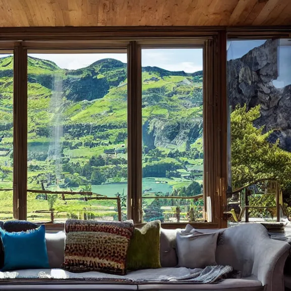 Image similar to fantastical living room with switzerland landscape in the window